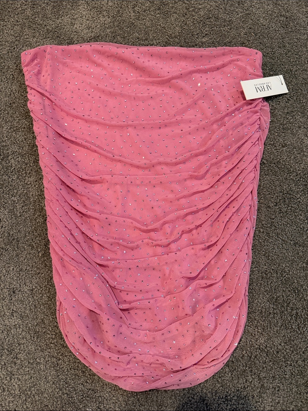 AFRM Pink Ruched Mini Skirt with Rhinestone Accents